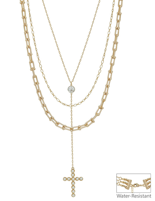 Water Resistant Gold Chain Layered with Y Drop Pearl Bubble Cross 16"-18" Necklace