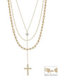 Water Resistant Gold Chain Layered with Y Drop Pearl Bubble Cross 16"-18" Necklace