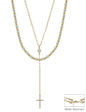 Water Resistant Gold and Pearl Layered with Y Drop Crystal Cross 16"-18" Necklace