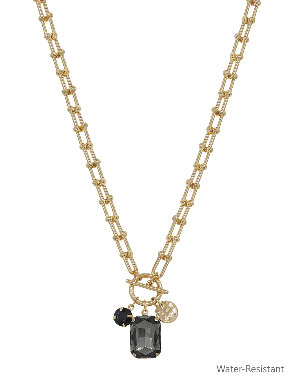 Water Resistant Gold Chain with Black Diamond Crystal Charms 16"-18" Necklace