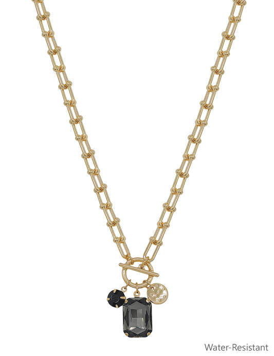 Water Resistant Gold Chain with Black Diamond Crystal Charms 16"-18" Necklace