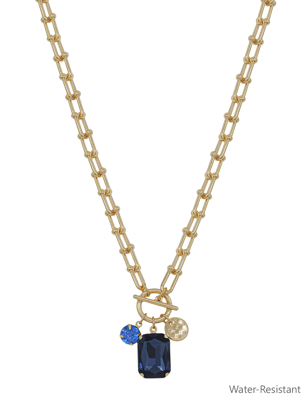 Water Resistant Gold Chain with Royal Blue Crystal Charms 16"-18" Necklace