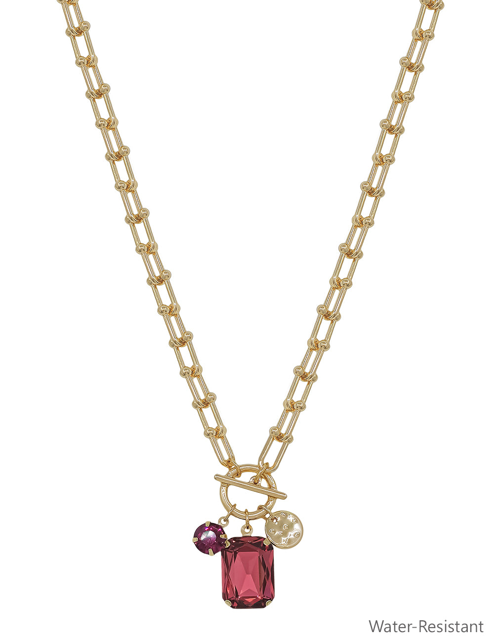 Water Resistant Gold Chain with Pink Crystal Charms 16"-18" Necklace