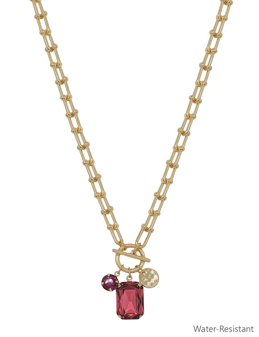 Water Resistant Gold Chain with Pink Crystal Charms 16"-18" Necklace