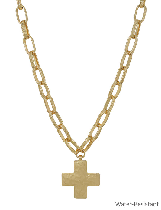 Water Resistant Gold Open Chain with Hammered Cross 16"-18" Necklace