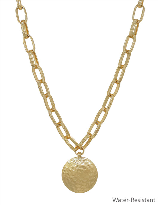Water Resistant Gold Open Chain with Hammered Circle 16"-18" Necklace
