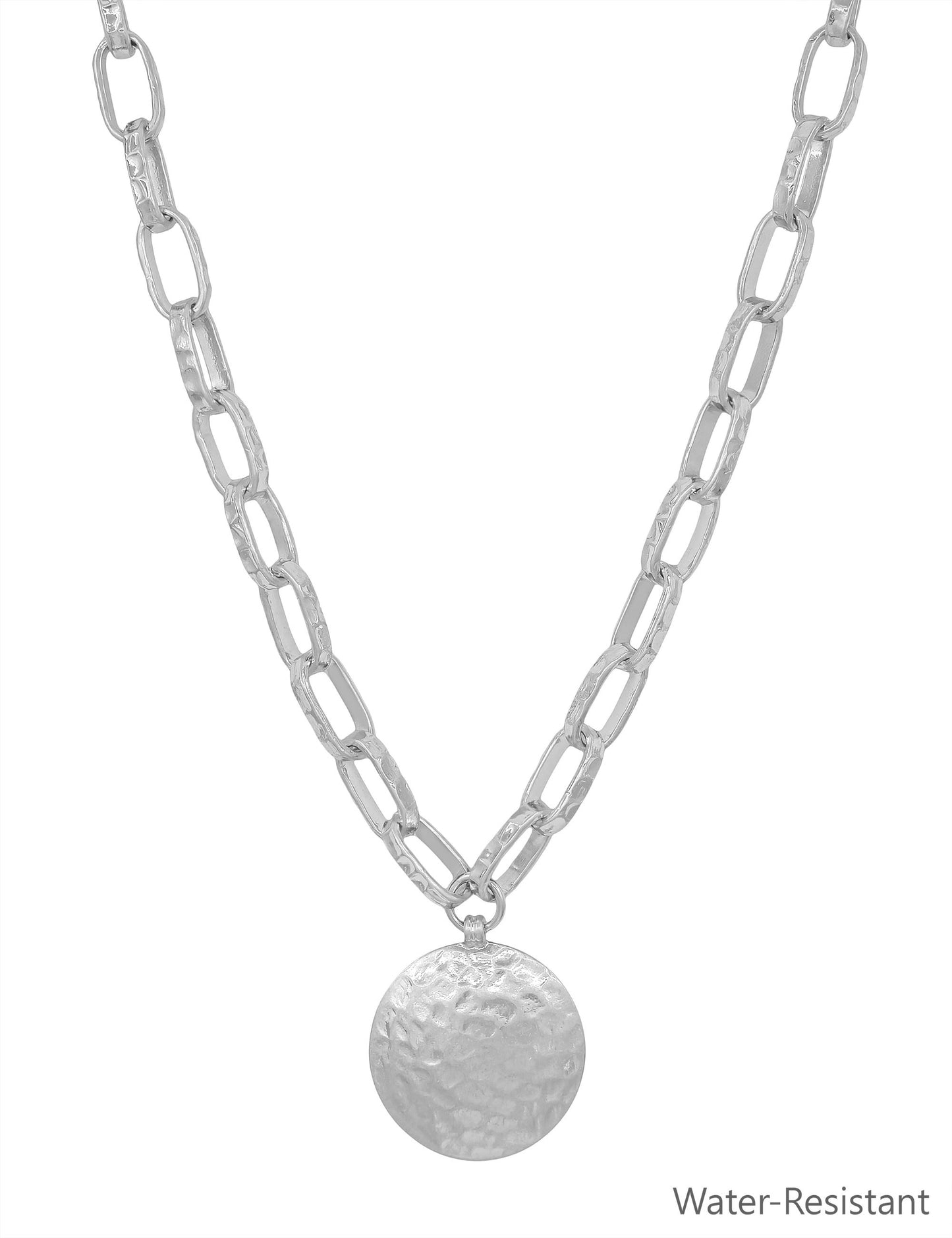 Water Resistant Silver Open Chain with Hammered Circle 16"-18" Necklace