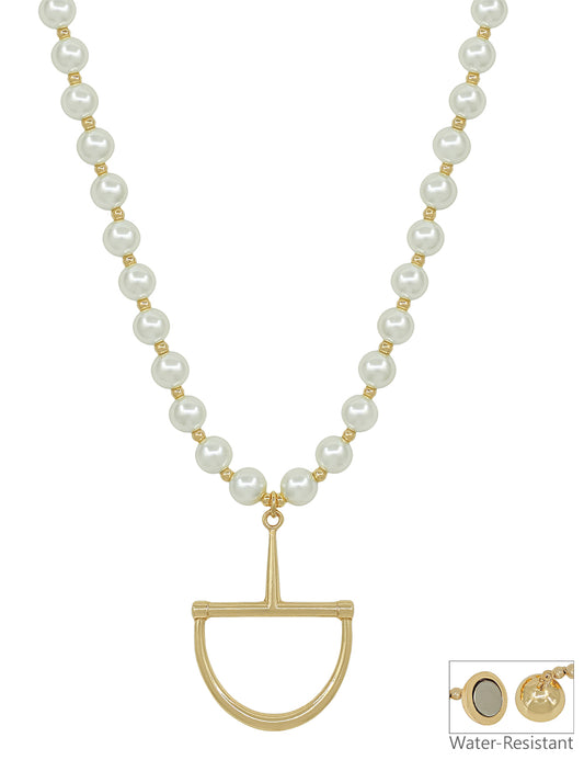Water Resistant Pearl 18" Necklace with Gold Horse Bit Charm