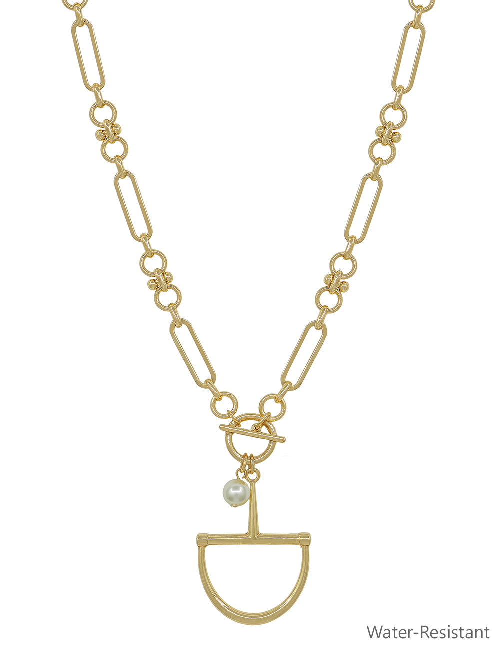 Water Resistant Gold Thick Chain  16"-18" Necklace with Horsebit with Pearl Charm