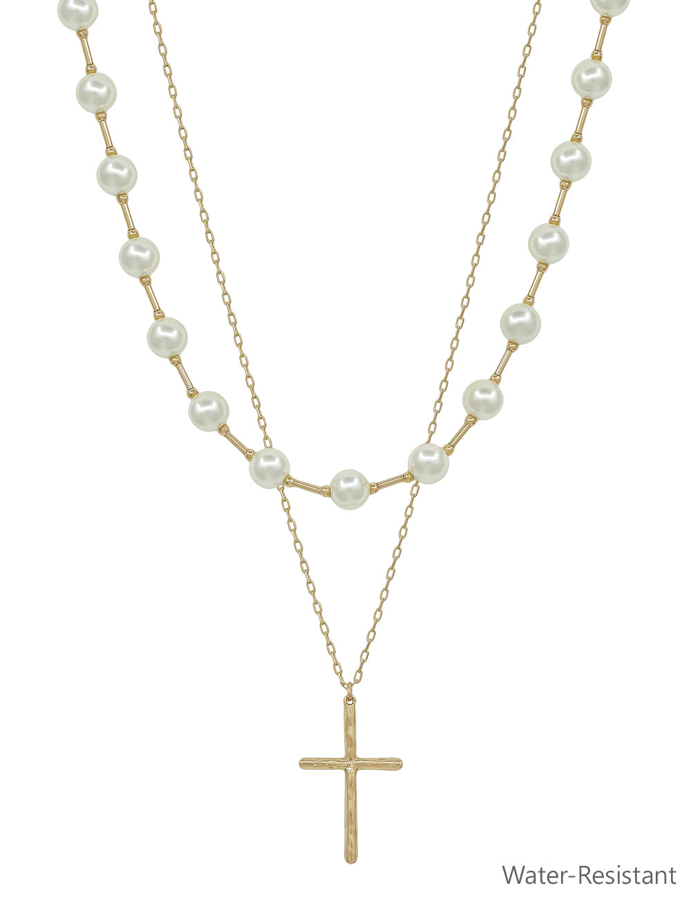 Water Resistant Pearl and Cross Layered 16"-18" Necklace