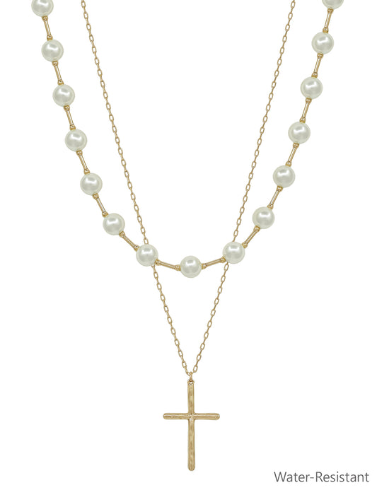 Water Resistant Pearl and Cross Layered 16"-18" Necklace