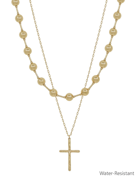 Water Resistant Gold Beaded and Cross Layered 16"-18" Necklace