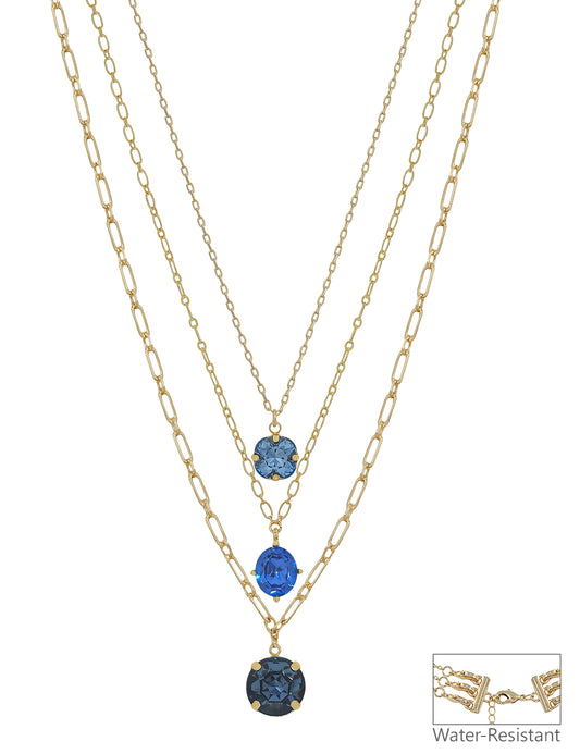Water Resistant Gold Triple Layered Multi Way Blue Crystal Drop 16"-18" Necklace