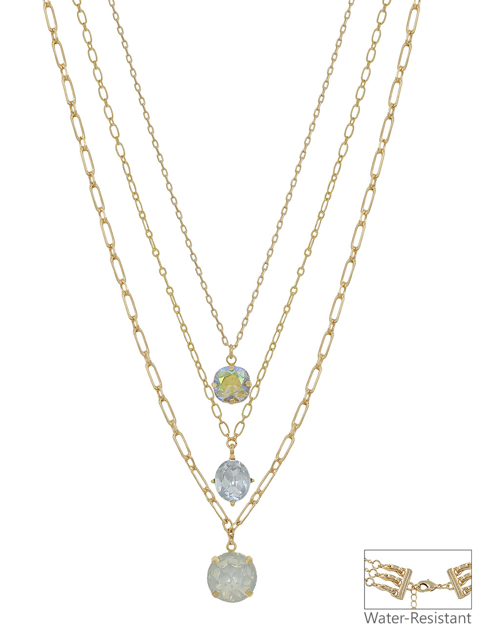 Water Resistant Gold Triple Layered Multi Way Clear Crystal Drop 16"-18" Necklace