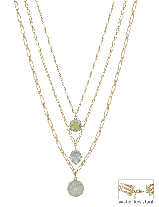 Water Resistant Gold Triple Layered Multi Way Clear Crystal Drop 16"-18" Necklace