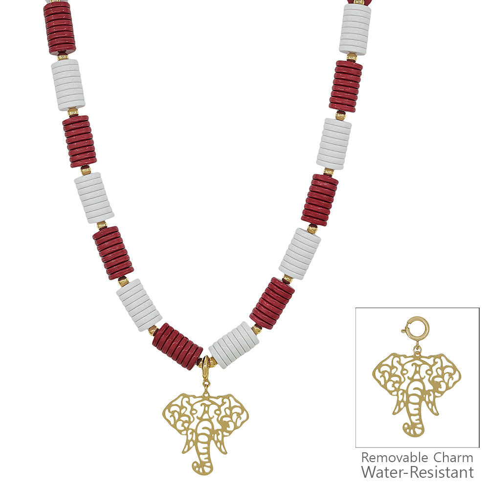 Water Resistant Maroon and White Beaded with Removable Elephant Charm 16"-18" Necklace