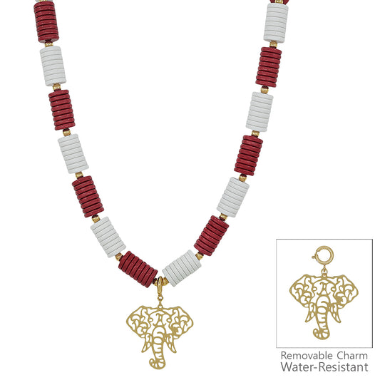 Water Resistant Maroon and White Beaded with Removable Elephant Charm 16"-18" Necklace