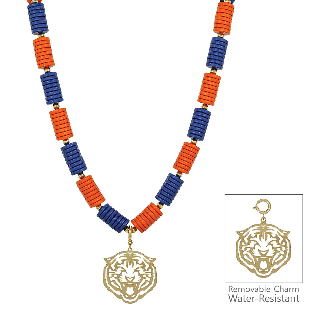 Water Resistant Navy and Orange Beaded with Removable Tiger Charm 16"-18" Necklace