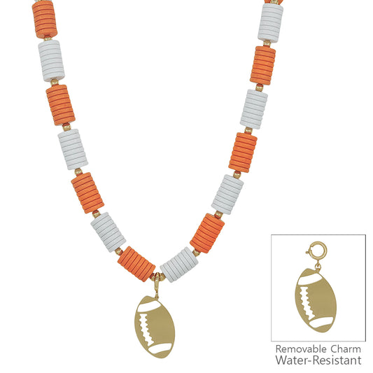 Water Resistant Orange and White Beaded with Removable Football Charm 16"-18" Necklace