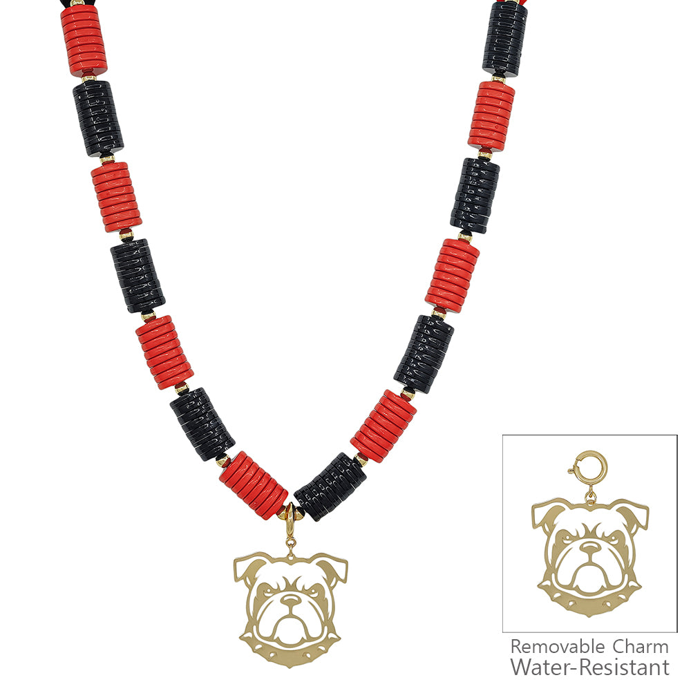 Water Resistant Red and Black Beaded with Removable Bulldog Charm 16"-18" Necklace