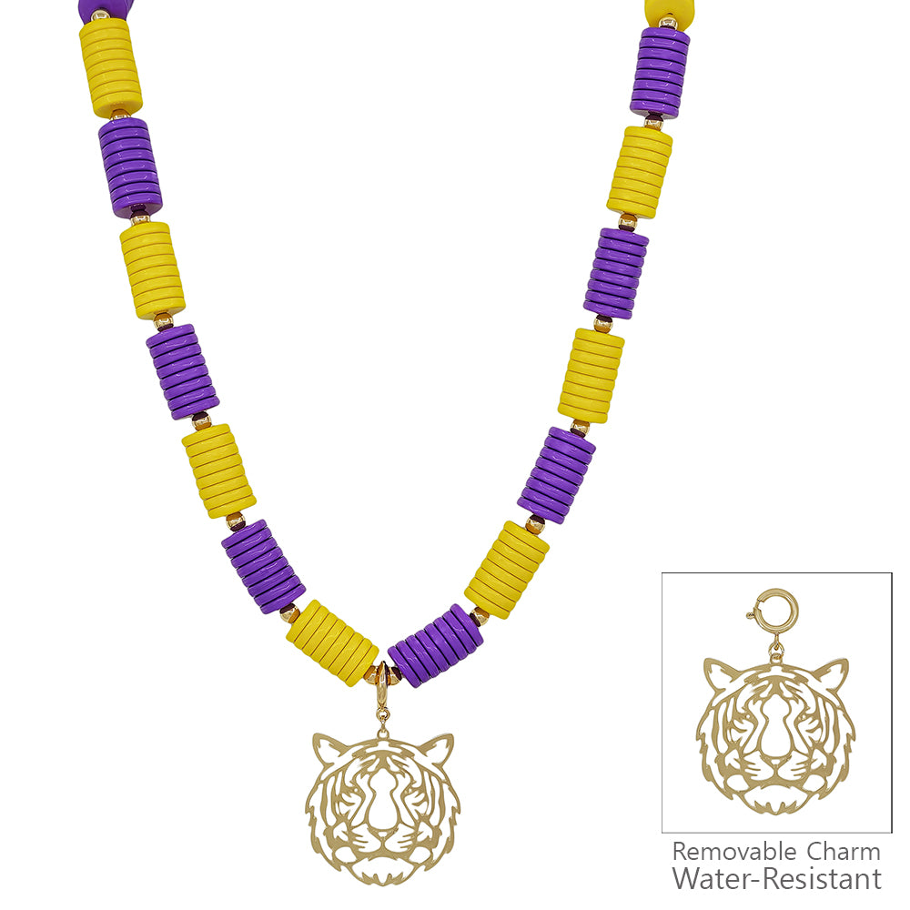 Water Resistant Purple and Yellow Beaded with Removable Tiger Charm 16"-18" Necklace