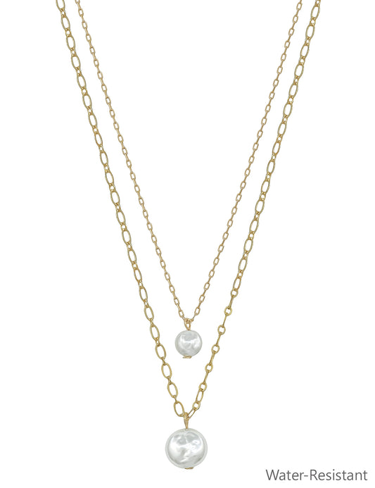 Water Resistant Thin Gold Double Layered Freshwater Pearl 16"-18" Necklace