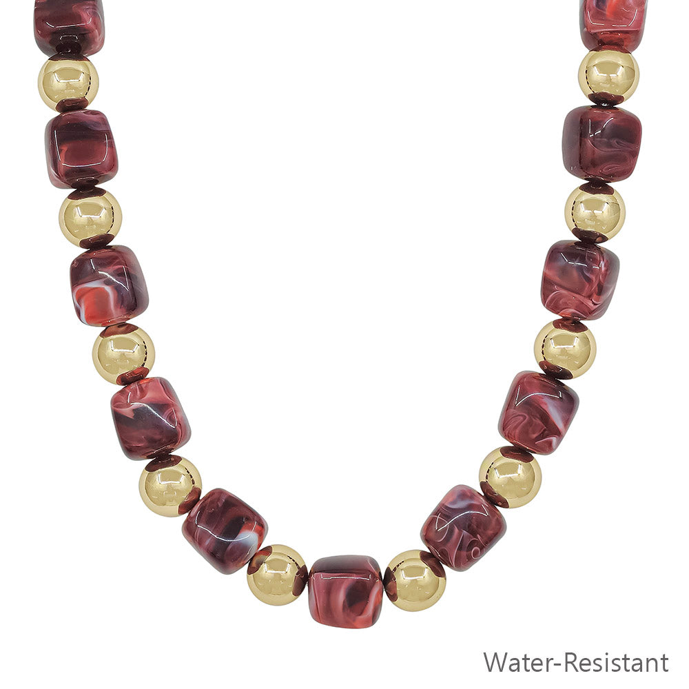Water Resistant Gold and Maroon 14MM Beaded 16"-18" Necklace