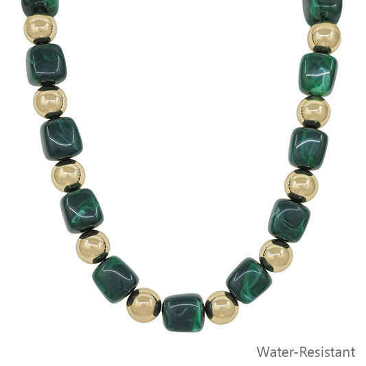 Water Resistant Gold and Emerald Green 14MM Beaded 16"-18" Necklace