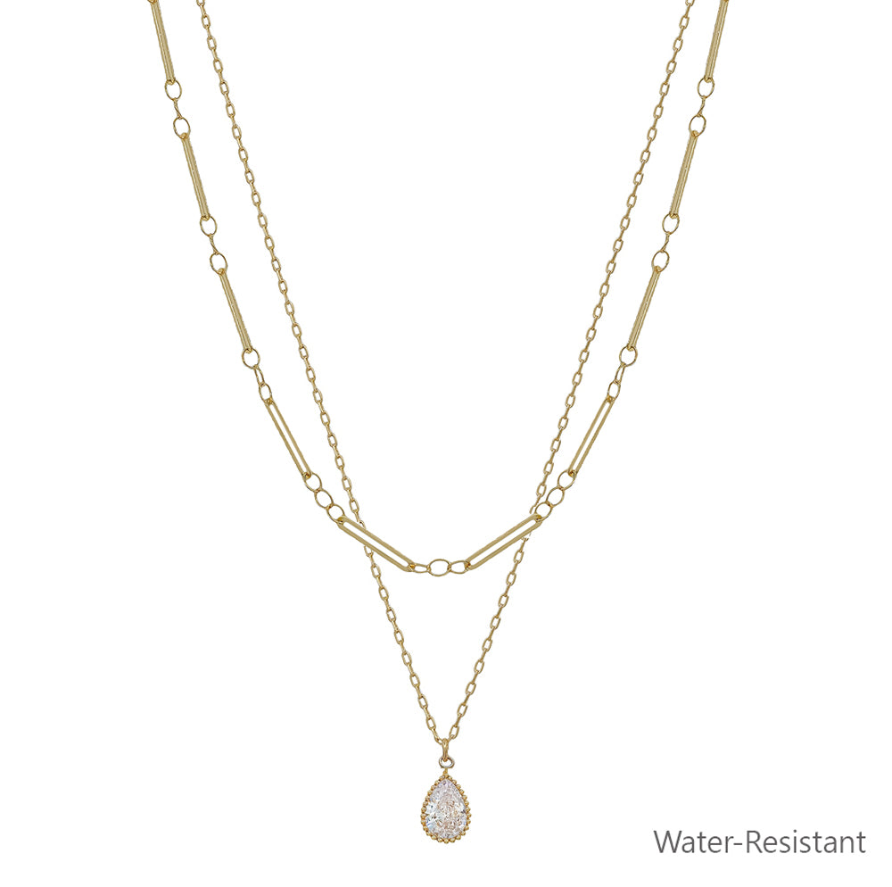 Water Resistant Gold Double Layered with Teardrop Pearl Charm 16"-18" Necklace