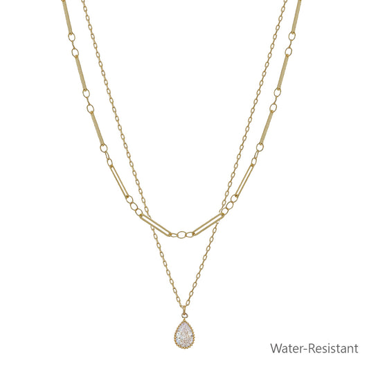 Water Resistant Gold Double Layered with Teardrop Pearl Charm 16"-18" Necklace