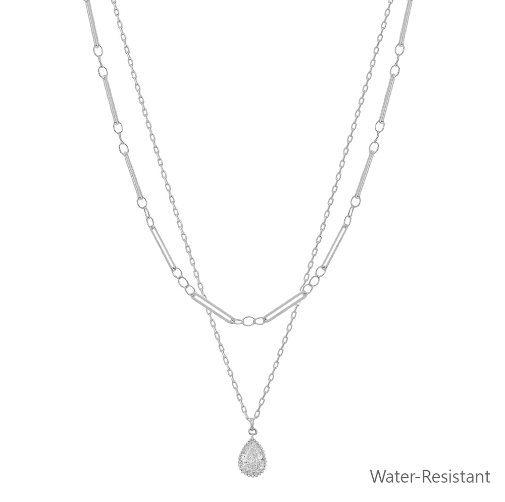 Water Resistant Silver Double Layered with Teardrop Pearl Charm 16"-18" Necklace