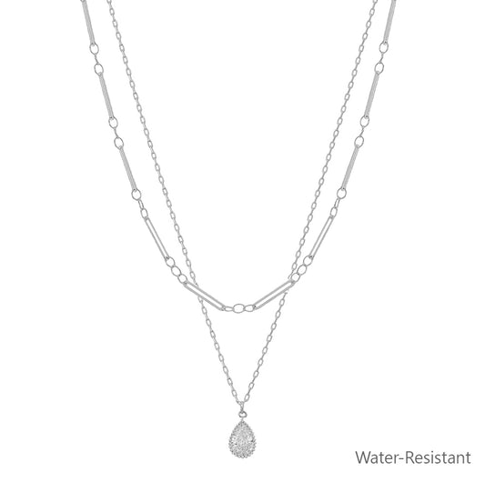 Water Resistant Silver Double Layered with Teardrop Pearl Charm 16"-18" Necklace
