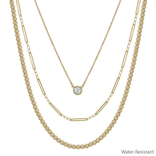 Water Resistant Triple Layered Beaded and Thin Chain with Crystal 16-18" Necklace