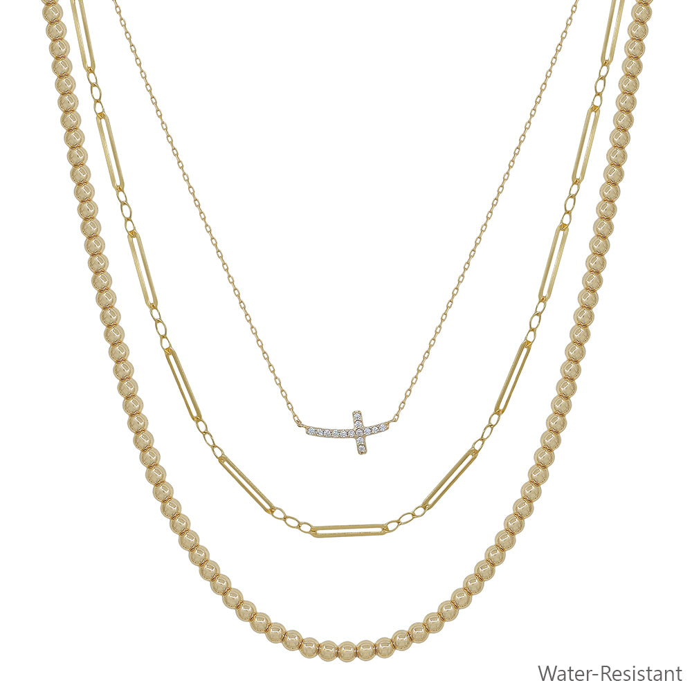 Water Resistant Triple Layered Beaded and Thin Chain with Crystal Sideways Cross 16"-18" Necklace