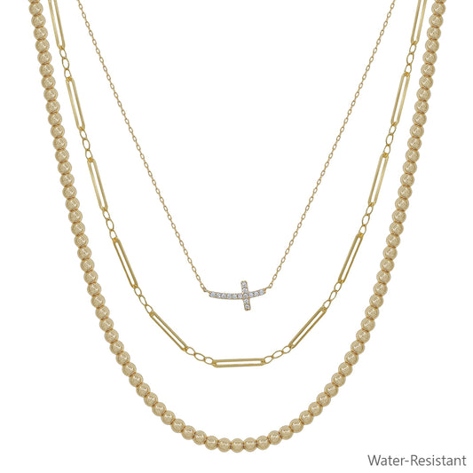 Water Resistant Triple Layered Beaded and Thin Chain with Crystal Sideways Cross 16"-18" Necklace