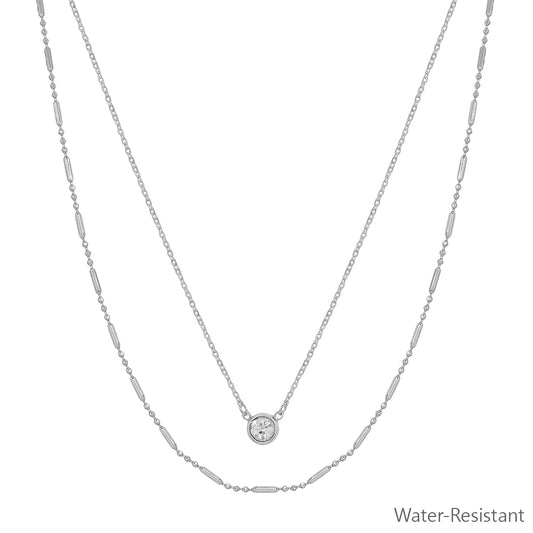 Water Resistant Triple Layered Thin Silver Chain with Rhinestone 16"-18" Necklace