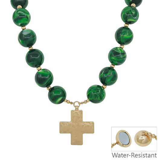 Water Resistant Emerald Green 20MM Beaded with Hammered Gold Cross 18" Magnetic Closure Necklace