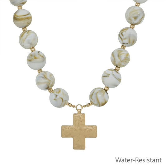 Water Resistant Natural 20MM Beaded with Hammered Gold Cross 18" Magnetic Closure Necklace