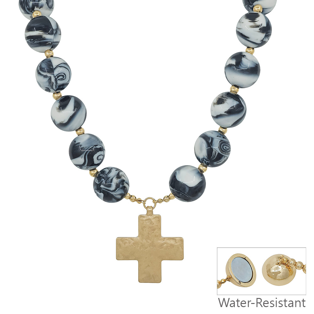 Water Resistant Black 20MM Beaded with Hammered Gold Cross 18" Magnetic Closure Necklace (Copy)