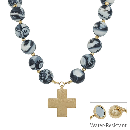 Water Resistant Black 20MM Beaded with Hammered Gold Cross 18" Magnetic Closure Necklace (Copy)
