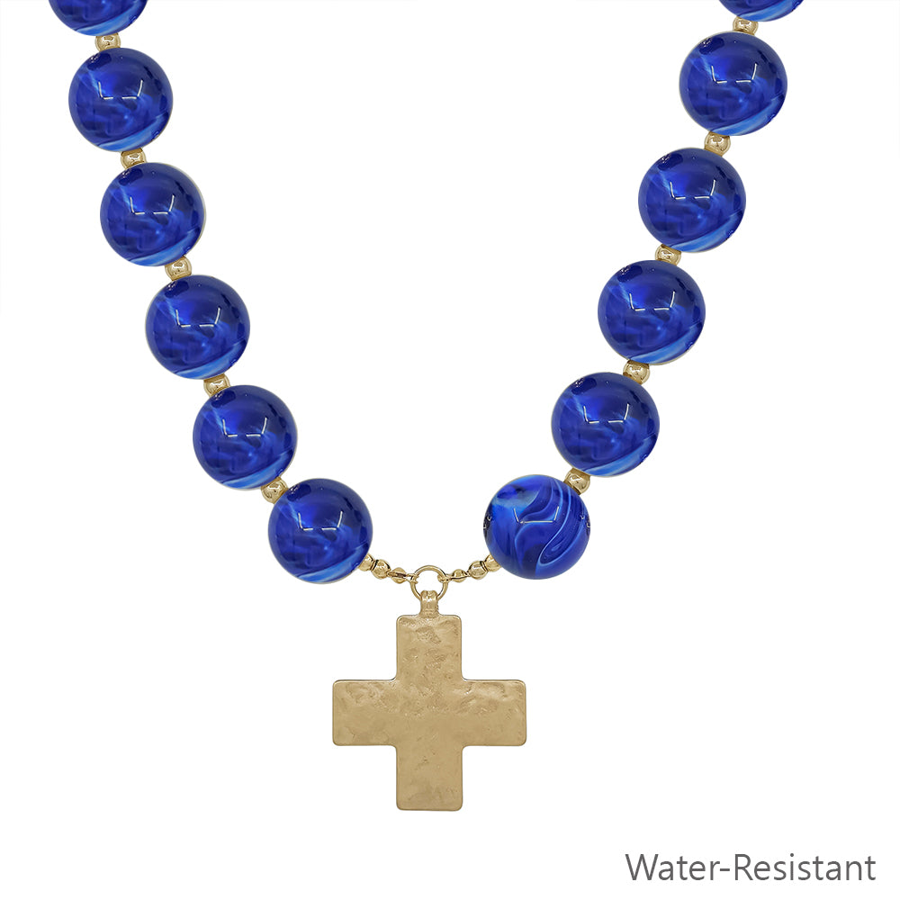 Water Resistant Navy 20MM Beaded with Hammered Gold Cross 18" Magnetic Closure Necklace
