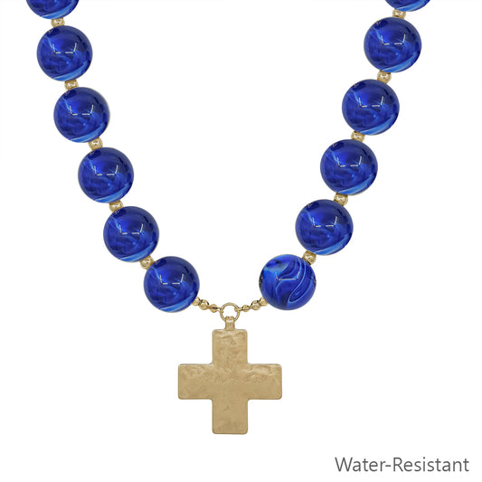 Water Resistant Navy 20MM Beaded with Hammered Gold Cross 18" Magnetic Closure Necklace