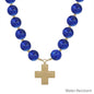 Water Resistant Navy 20MM Beaded with Hammered Gold Cross 18" Magnetic Closure Necklace