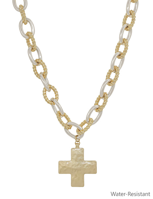 Water Resistant Chunky Gold and Silver Chain with Hammered Cross 16"-18" Necklace