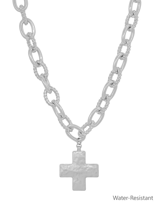Water Resistant Chunky Silver Chain with Hammered Cross 16"-18" Necklace