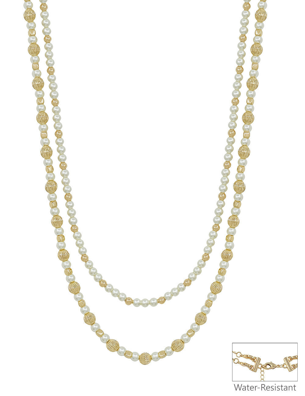Water Resistant Double Layered Gold and Pearl Beaded Multiway 16"-18" Necklace