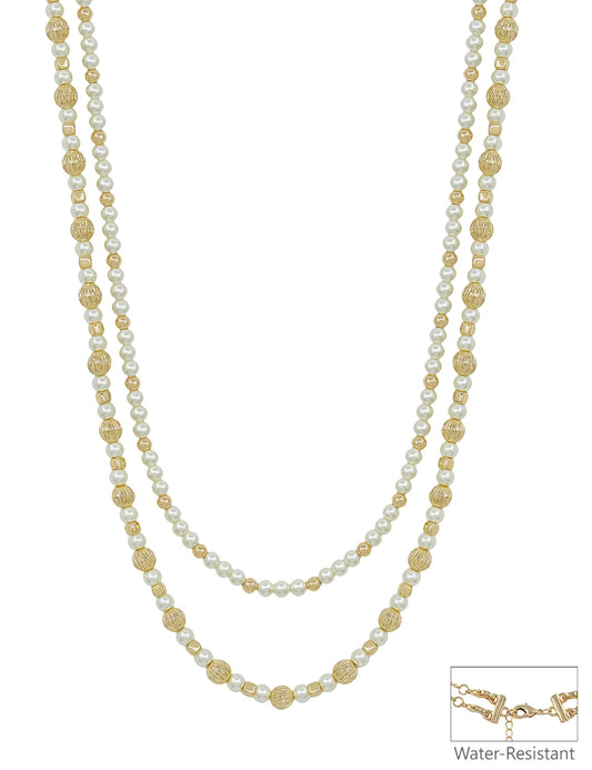 Water Resistant Double Layered Gold and Pearl Beaded Multiway 16"-18" Necklace