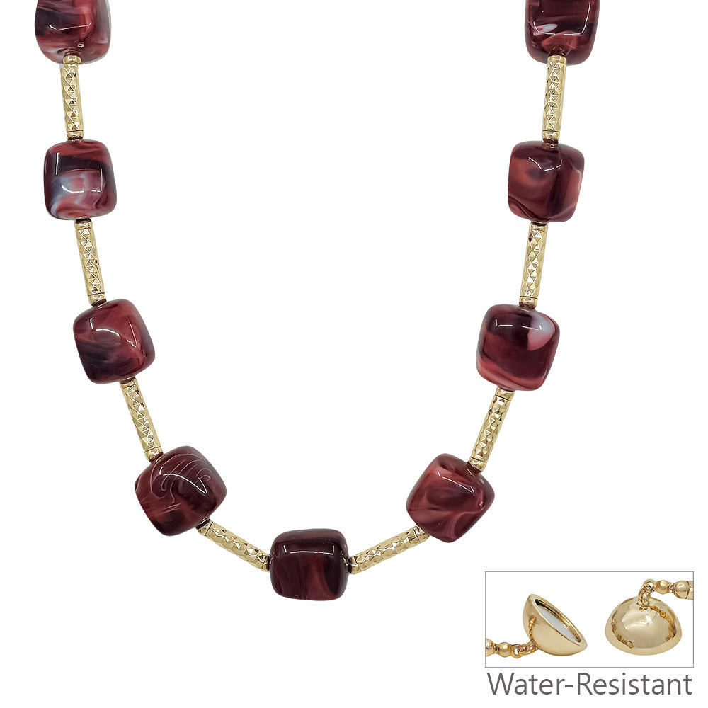 Water Resistant 16MM Maroon Beaded and Gold Bar 16"-18" Necklace