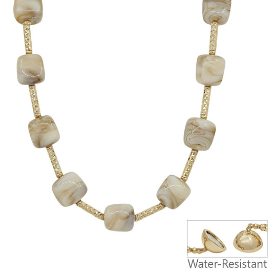 Water Resistant 16MM Natural Beaded and Gold Bar 16"-18" Necklace
