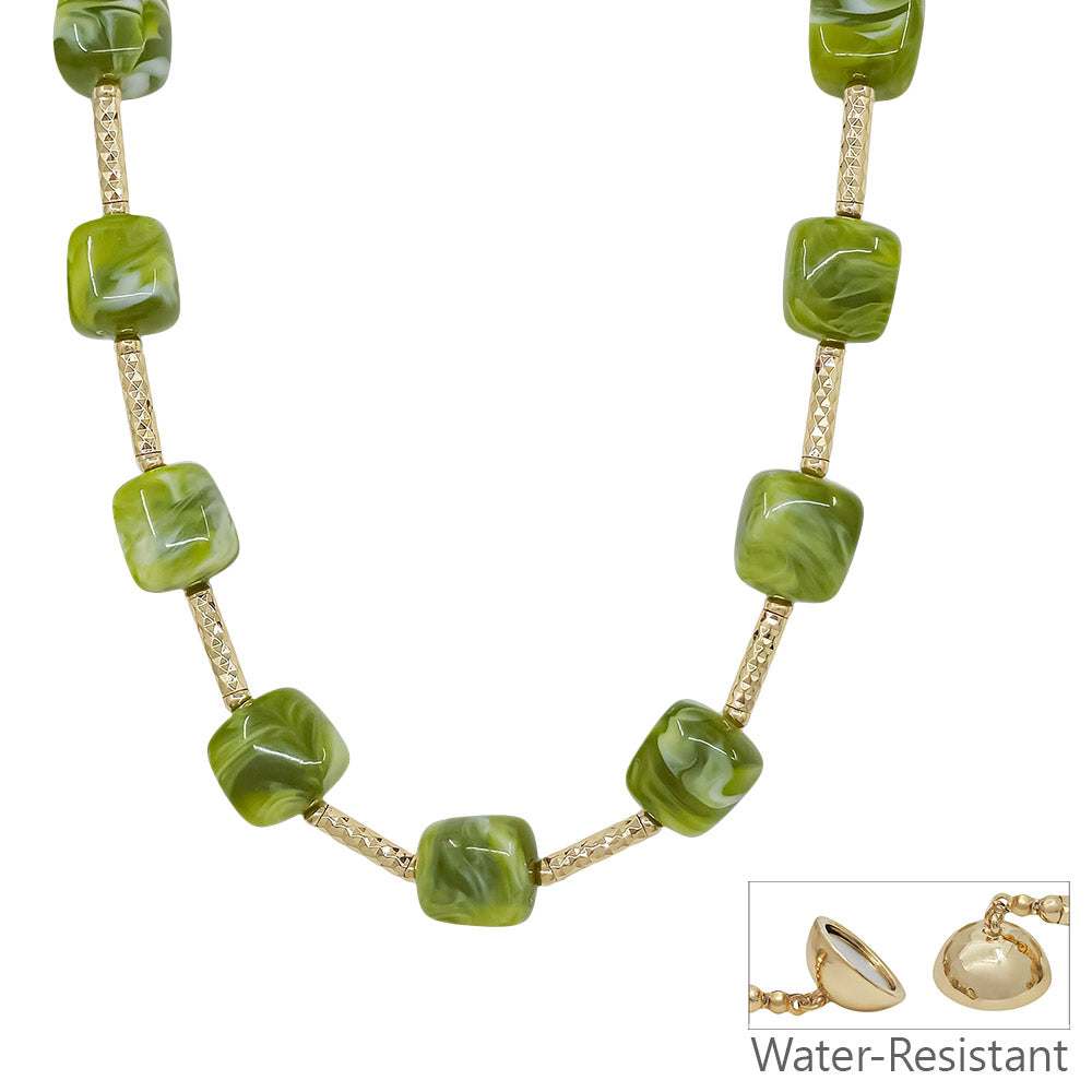 Water Resistant 16MM Olive Beaded and Gold Bar 16"-18" Necklace